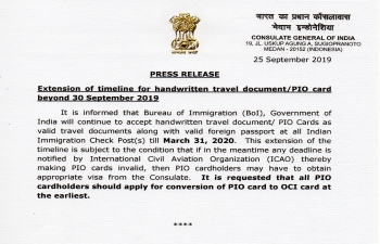 Extension of timeline for handwritten travel document/PIO card beyond 30 September 2019